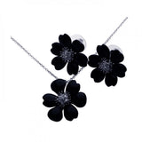 Sterling Silver Rhodium Plated Black Onyx Flower Clear CZ Stud Earring and Necklace Set