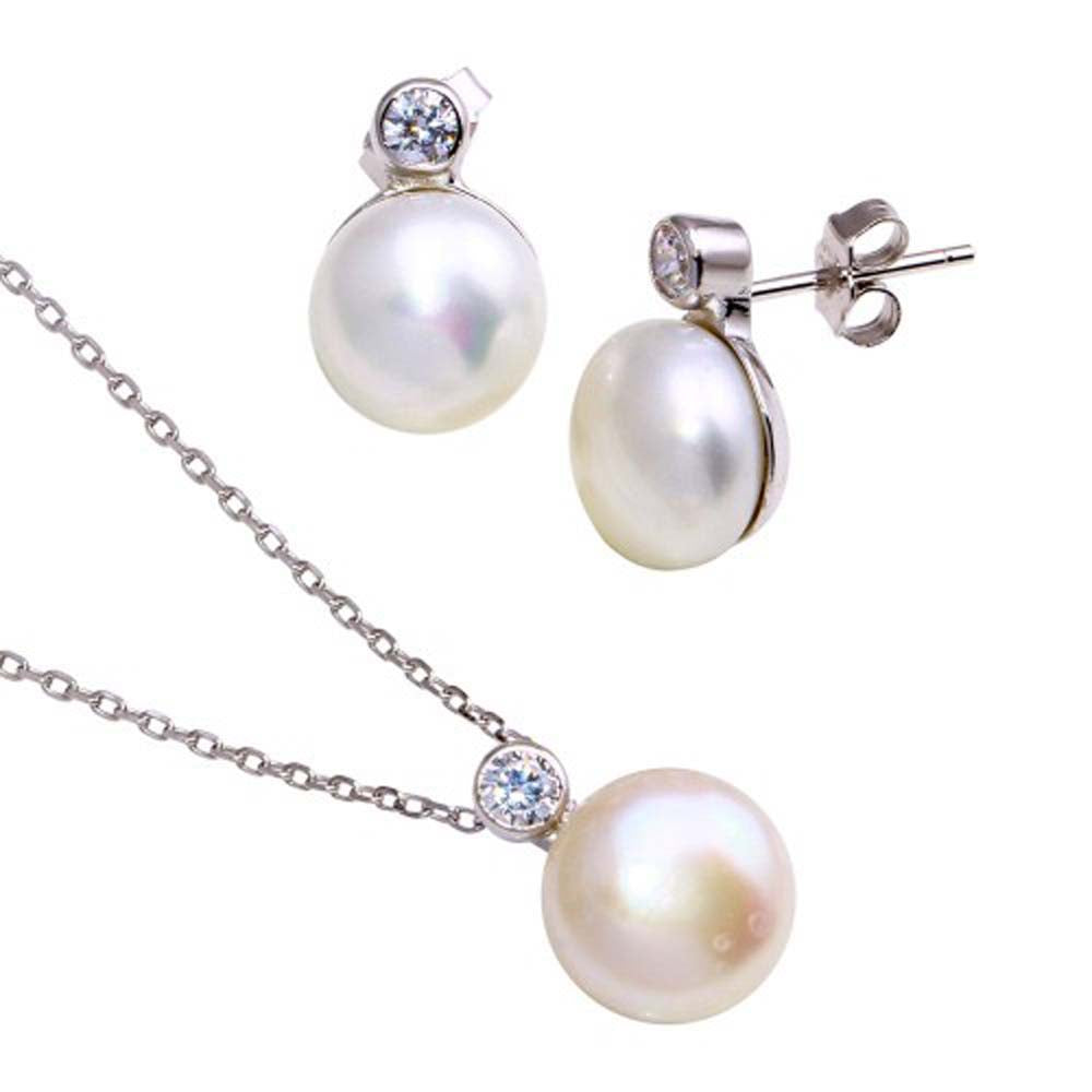 Sterling Silver Rhodium Plated Fresh Water Pearl Clear CZ Set With CZ  Stones