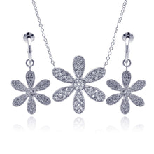 Load image into Gallery viewer, Sterling Silver Rhodium Plated Wide Wild Flower Clear Pave Set CZ Dangling Earring and Necklace Set