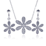 Sterling Silver Rhodium Plated Wide Wild Flower Clear Pave Set CZ Dangling Earring and Necklace Set