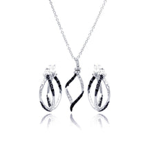 Load image into Gallery viewer, Sterling Silver Rhodium And Black Rhodium Plated Black and Clear Open Wave CZ Hoop Set