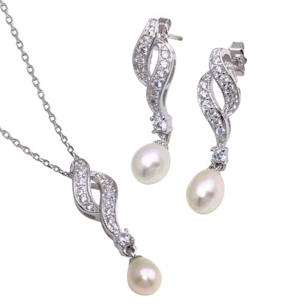 Sterling Silver Rhodium Plated Fresh Water Pearl Twist Clear CZ Hanging Set With CZ  Stones