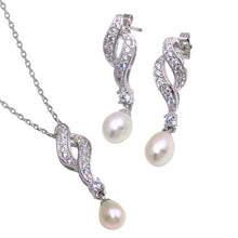 Load image into Gallery viewer, Sterling Silver Rhodium Plated Fresh Water Pearl Twist Clear CZ Hanging Set With CZ  Stones