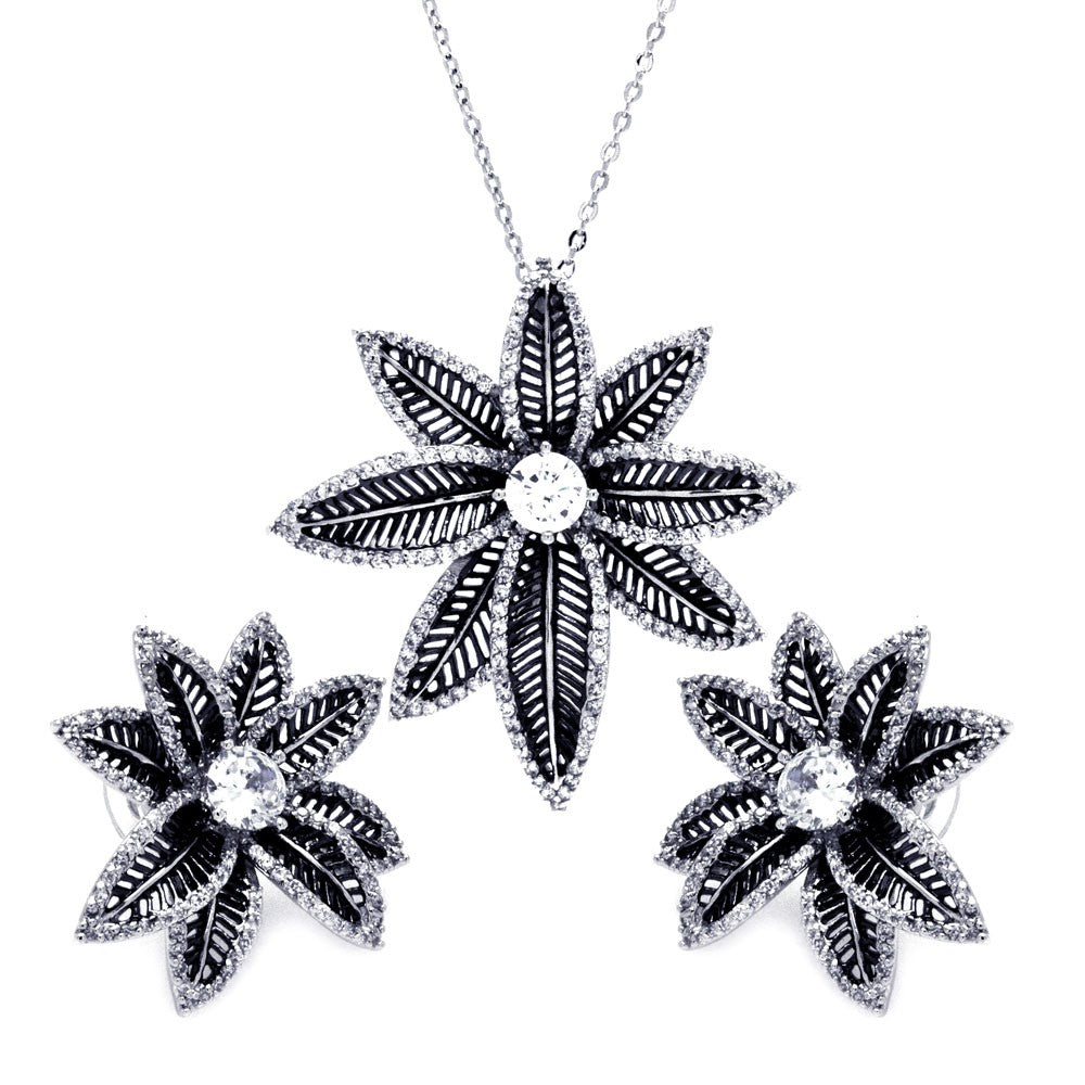 Sterling Silver Rhodium and Black Rhodium Plated Spiny Pointed Flower Clear CZ Stud Earring and Necklace Set