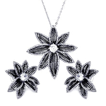 Load image into Gallery viewer, Sterling Silver Rhodium and Black Rhodium Plated Spiny Pointed Flower Clear CZ Stud Earring and Necklace Set