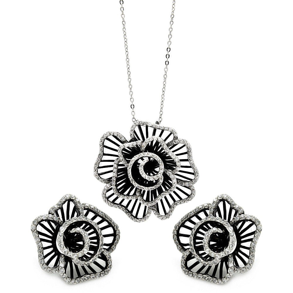 Sterling Silver Rhodium and Black Rhodium Plated Clear Flower Rose CZ Stud Earring and Necklace Set