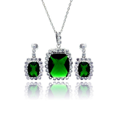 Sterling Silver Rhodium Plated Green Rectangular CZ Dangling Stud Set