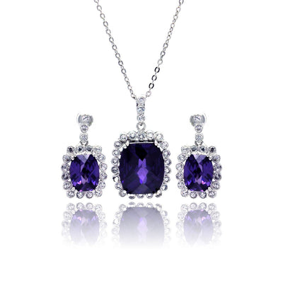 Sterling Silver Rhodium Plated Purple Rectangular CZ Dangling Stud Set