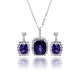 Sterling Silver Rhodium Plated Purple Rectangular CZ Dangling Stud Set