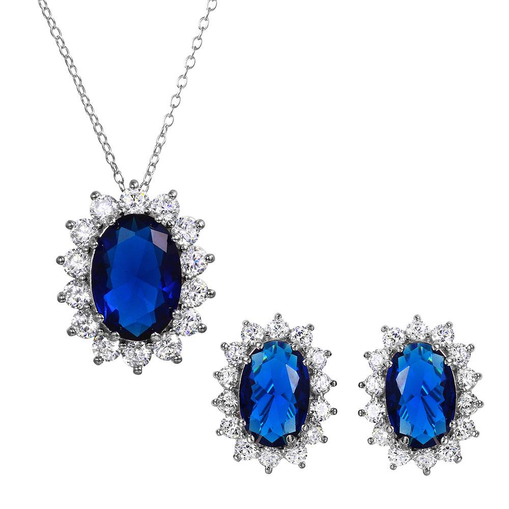 Sterling Silver Rhodium Plated Oval Halo Set With Blue And Clear CZ Stones