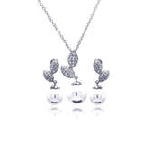 Sterling Silver Pearl Sprout Clear CZ Hanging Stud Earring and Hanging Necklace Set With CZ  Stones