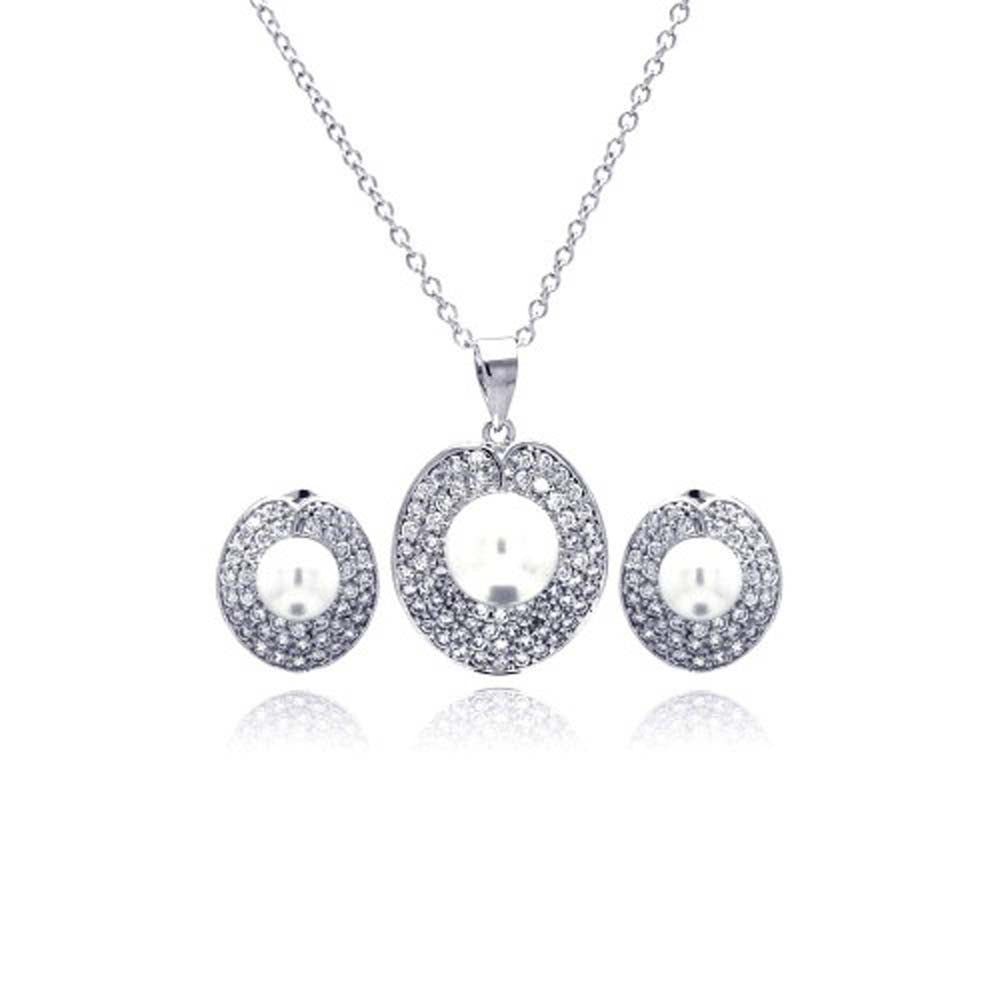 Sterling Silver Rhodium Plated Pearl Round Disc Clear Pave Set CZ Stud Earring and Necklace Set With CZ  Stones
