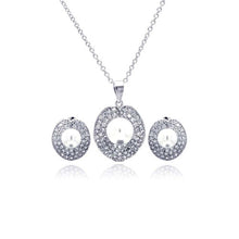 Load image into Gallery viewer, Sterling Silver Rhodium Plated Pearl Round Disc Clear Pave Set CZ Stud Earring and Necklace Set With CZ  Stones