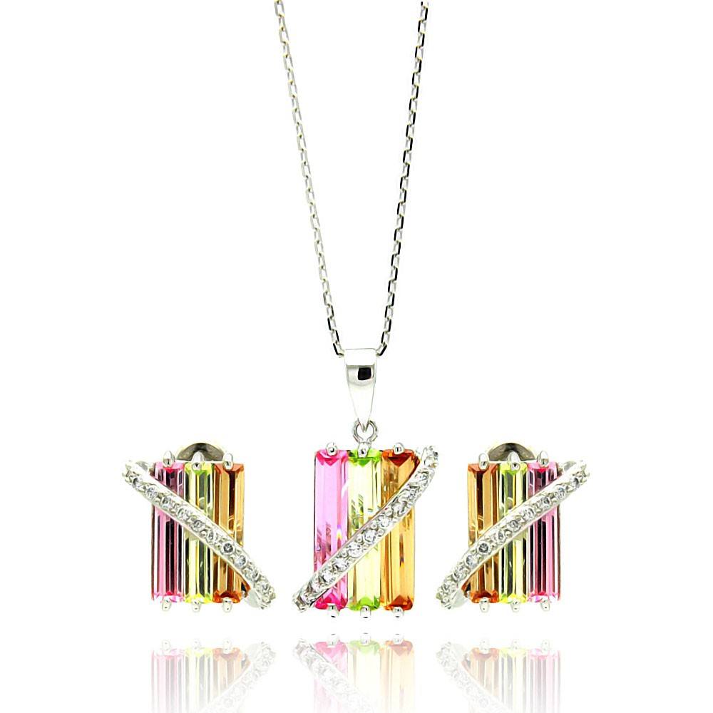 Sterling Silver Rhodium Plated Multi Colored Rectangular CZ Stud Earring and Necklace Set