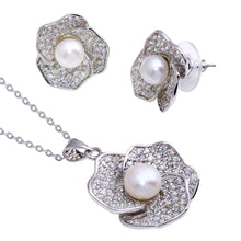 Load image into Gallery viewer, Sterling Silver Rhodium Plated Flower Fresh Water Pearl CZ Set