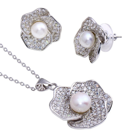 Sterling Silver Rhodium Plated Flower Fresh Water Pearl CZ Set