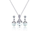 Sterling Silver Rhodium Plated Pearl Drop Clear CZ Dangling Stud Earring and Necklace Set With CZ  Stones