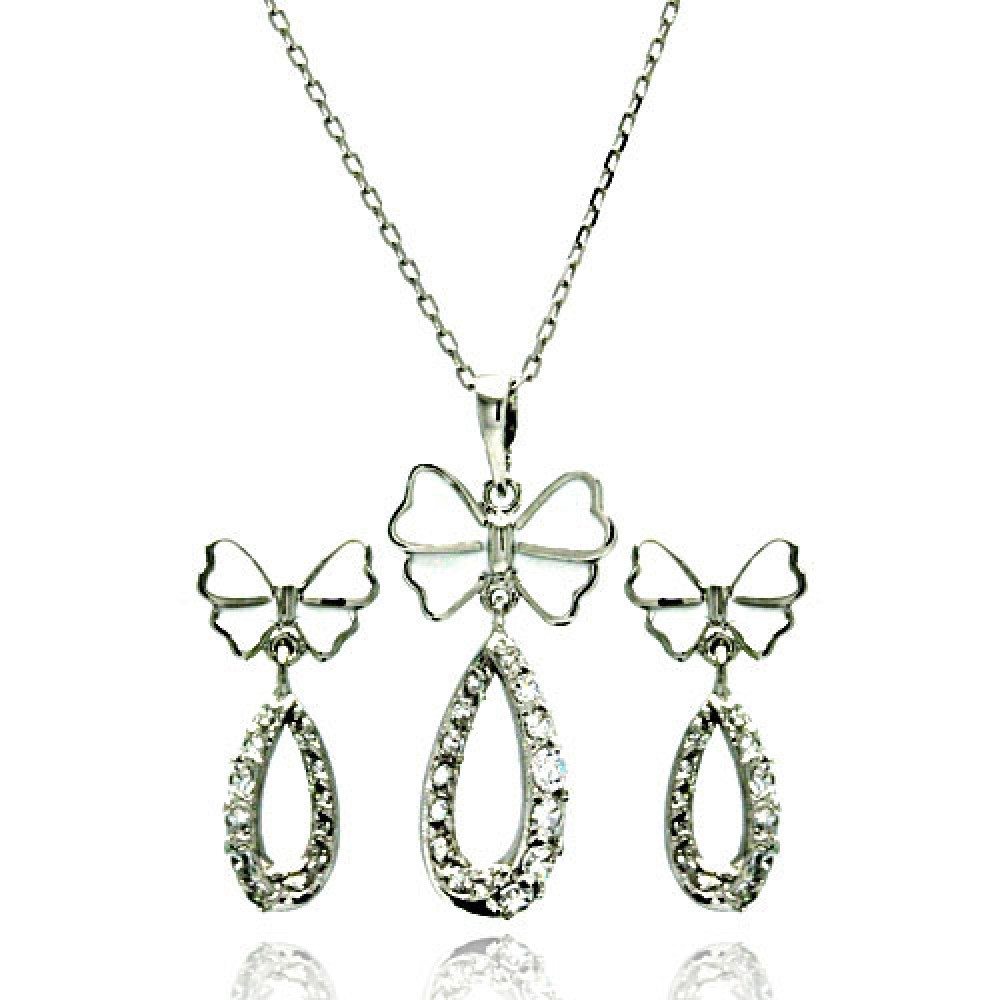 Sterling Silver Rhodium Plated Open Butterfly Teardrop Clear CZ Hanging Stud Earring and Hanging Necklace Set