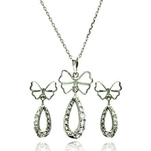Load image into Gallery viewer, Sterling Silver Rhodium Plated Open Butterfly Teardrop Clear CZ Hanging Stud Earring and Hanging Necklace Set