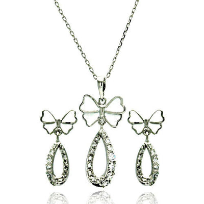Sterling Silver Rhodium Plated Open Butterfly Teardrop Clear CZ Hanging Stud Earring and Hanging Necklace Set