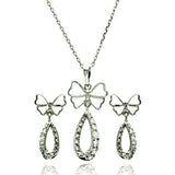 Sterling Silver Rhodium Plated Open Butterfly Teardrop Clear CZ Hanging Stud Earring and Hanging Necklace Set