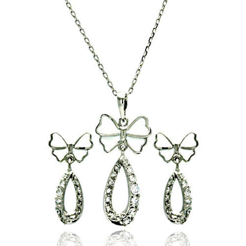 Sterling Silver Rhodium Plated Open Butterfly Teardrop Clear CZ Hanging Stud Earring and Hanging Necklace Set