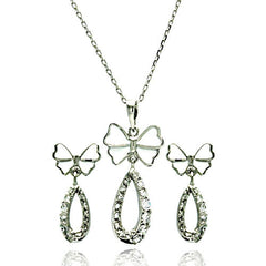Sterling Silver Rhodium Plated Open Butterfly Teardrop Clear CZ Hanging Stud Earring and Hanging Necklace Set