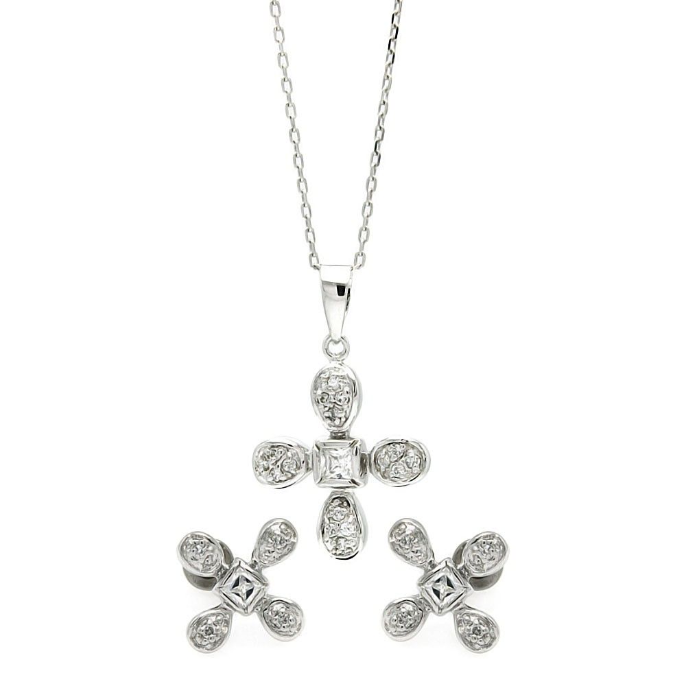 Sterling Silver Rhodium Plated Clear Flower CZ Stud Earring and Necklace Set