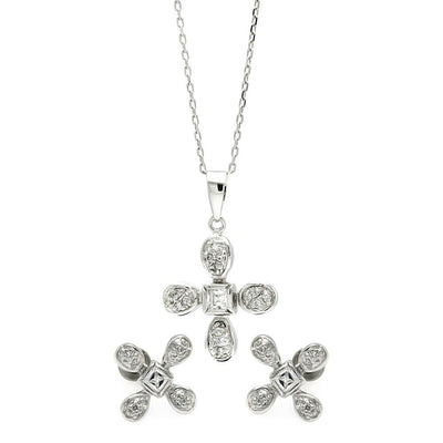 Sterling Silver Rhodium Plated Clear Flower CZ Stud Earring and Necklace Set