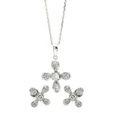 Sterling Silver Rhodium Plated Clear Flower CZ Stud Earring and Necklace Set
