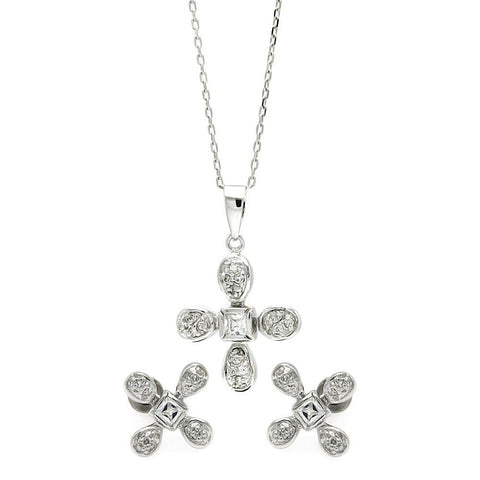 Sterling Silver Rhodium Plated Clear Flower CZ Stud Earring and Necklace Set