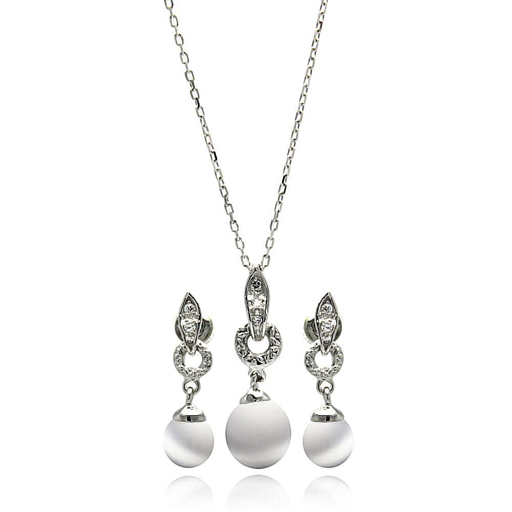 Sterling Silver Rhodium Plated Pearl Clear CZ Hanging Stud Earring and Necklace Set With CZ  Stones