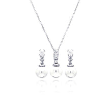 Load image into Gallery viewer, Sterling Silver Rhodium Plated Pearl Clear CZ Hanging Stud Earring and Necklace Set With CZ  Stones