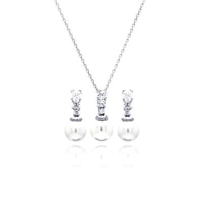 Sterling Silver Rhodium Plated Pearl Clear CZ Hanging Stud Earring and Necklace Set With CZ  Stones