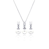 Sterling Silver Rhodium Plated Pearl Clear CZ Hanging Stud Earring and Necklace Set With CZ  Stones