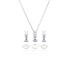 Sterling Silver Rhodium Plated Pearl Clear CZ Hanging Stud Earring and Necklace Set With CZ  Stones
