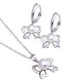 Sterling Silver Rhodium Plated Pearl Ribbon Leverback Earring and Necklace Set With CZ  Stones