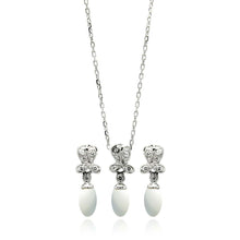 Load image into Gallery viewer, Sterling Silver Rhodium Plated Fresh Water Pearl Flower Clear CZ Hanging Set With CZ  Stones