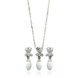 Sterling Silver Rhodium Plated Fresh Water Pearl Flower Clear CZ Hanging Set With CZ  Stones