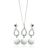 Sterling Silver Rhodium Plated Pearl Clear Open Teardrop CZ Dangling Stud Earring and Dangling Necklace Set With CZ  Stones