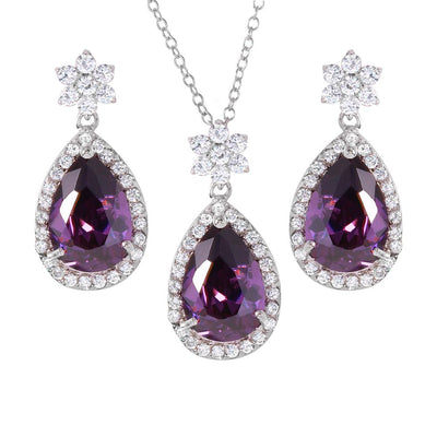 Sterling Silver Rhodium Plated Purple Pear Set