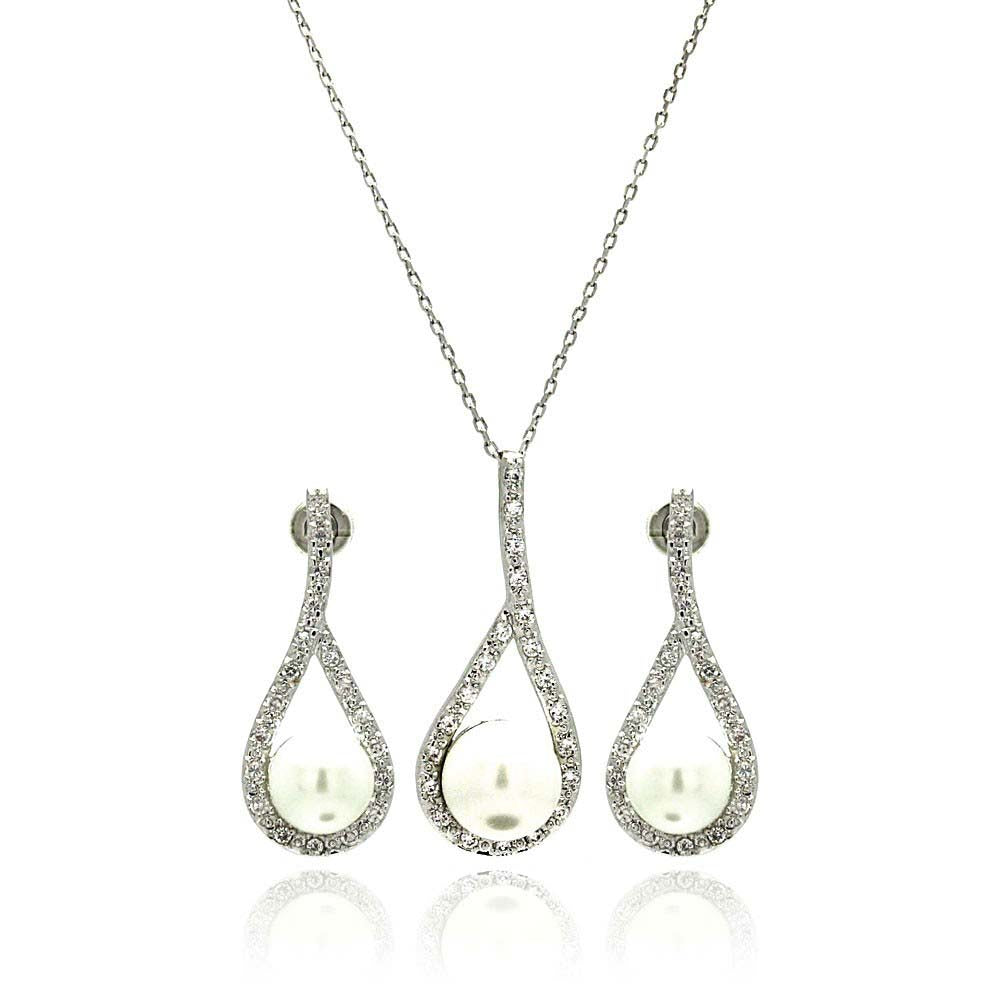 Sterling Silver Rhodium Plated Pearl Open Teardrop Clear Pave Set CZ Hanging Stud Earring and Necklace Set With CZ  Stones