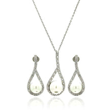 Load image into Gallery viewer, Sterling Silver Rhodium Plated Pearl Open Teardrop Clear Pave Set CZ Hanging Stud Earring and Necklace Set With CZ  Stones
