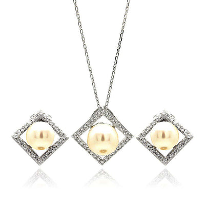 Sterling Silver Rhodium Plated Fresh Water Pearl Square Diamond Shaped Clear CZ Set With CZ  Stones