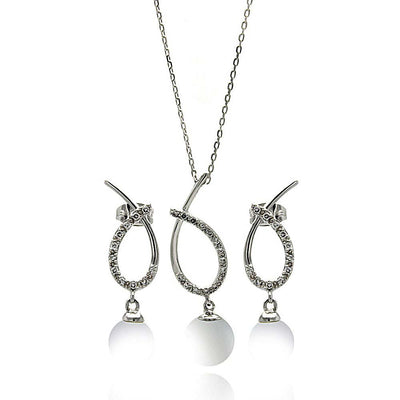 Sterling Silver Rhodium Plated Clear Open Overlap Oval Teardrop Pearl CZ Hanging Set With CZ  Stones