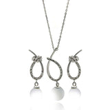 Sterling Silver Rhodium Plated Clear Open Overlap Oval Teardrop Pearl CZ Hanging Set With CZ  Stones
