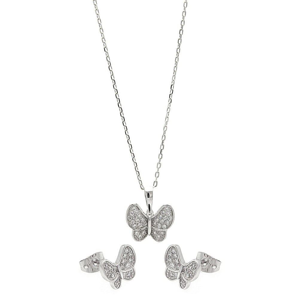 Sterling Silver Rhodium Plated Clear Butterfly CZ Set