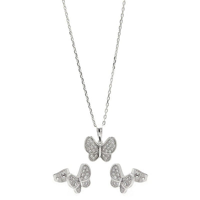 Sterling Silver Rhodium Plated Clear Butterfly CZ Set