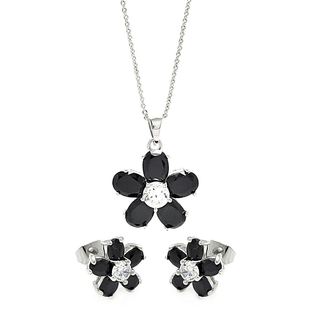 Sterling Silver Rhodium Plated Black and Clear Flower CZ Set