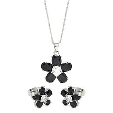 Load image into Gallery viewer, Sterling Silver Rhodium Plated Black and Clear Flower CZ Set